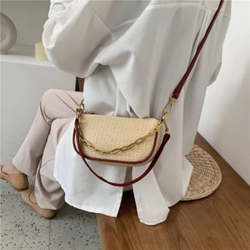 Плетени дамски пътна чанта през рамо Модерни елегантни чанти с дивата веригата, Нова лятна дамска кожена чанта през рамо