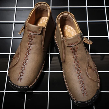 Топла кожена обувки за мъже 2023, Зимни обувки големи размери, ежедневна мода мъжка работна ръчно изработени обувки от естествена кожа ръчно изработени, плюш
