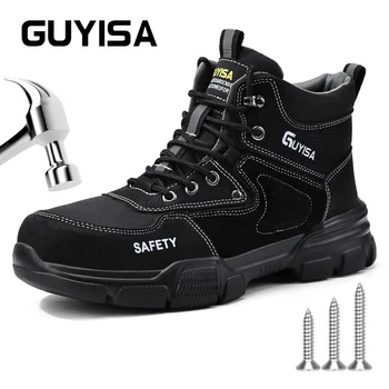 Защитни обувки GUYISA със стоманени пръсти, ультралегкие, високи, черни, размер 38-46, защитни ботуши със защита от удари и поножовщины