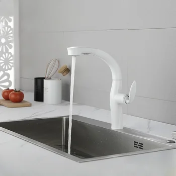 Месинг бял дугообразный кухненски телескопична двухфункциональный режим на освобождаване на вода за измиване на гъвкав маркуч за топла и студена вода