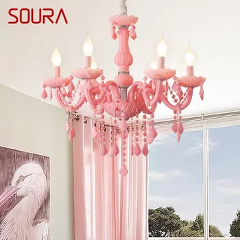 Подвесная лампа от розов кристал SOURA, Художествена стая за момичета, лампа-свещ, Детска стая, Хол, Ресторант, Спалня, Полилей