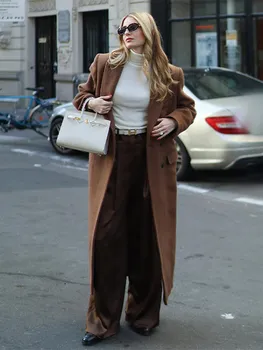 Модно двубортное палто от смесовой вълна за жени, зимни ежедневни Свободна топло яке с дълъг ръкав, винтажное женски палта с ревери