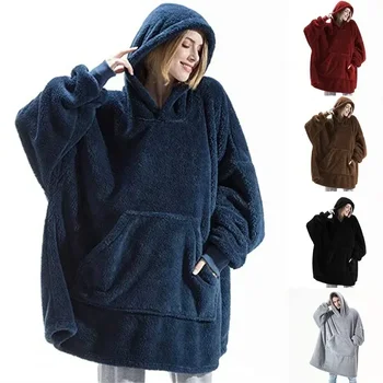Зимен пуловер с качулка, женски флисовое одеяло голям размер и с ръкави, Голям джоб, Топло дебела hoody с качулка за телевизора, халат за баня, за двойка