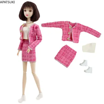 Розов комплект модерен кукольной дрехи в клетка за кукли Барби, 1/6 куклено аксесоари за Барби, дамско палто, пола, Обувки, играчки