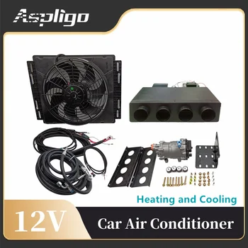 Aspligo Универсален автоматичен електрически компресор на климатик 12 В комплект с вентилатора на изпарителя, кондензатора, климатик за охлаждане и отопление на кола на 24