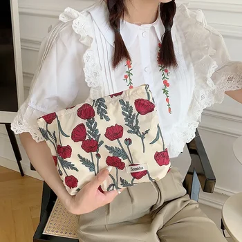 Художествена косметичка от чист памук, с цветен модел на японската чанта за съхранение на преносим чанта за съхранение на дреболии, червен плик за устата