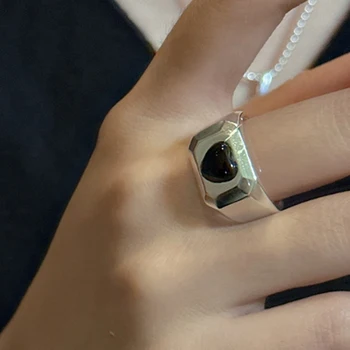 Сребърен пръстен с отворен пръст от сребро 925 проба, черен камък, с Квадратно Геометрично Сърце, Наращиваемое За жени, подарък за момичета, Директна доставка на Едро