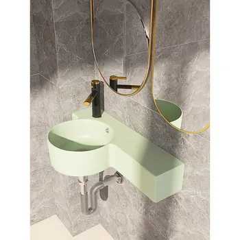 Мивка за баня в един малък апартамент, Мини-керамичен умивалник, стенен монтаж, зелен, Ультраузкий, Плот с малки размери Изцяло