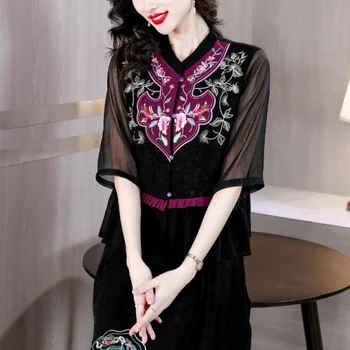 2023 дамска блуза hanfu с национална бродерия на цветя, етническа блуза в стил мозайка, традиционен ориенталски костюм тан, блуза с шифоновыми ръкав