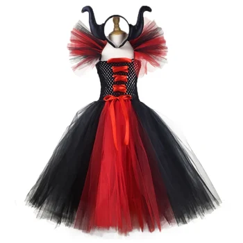 Рокля-пакетче Малефисенты Злата кралица за момичета, детски черно-червено вязаное на една кука тюлевое рокля, бална рокля с лък за коса, детско празнично костюмированное рокля