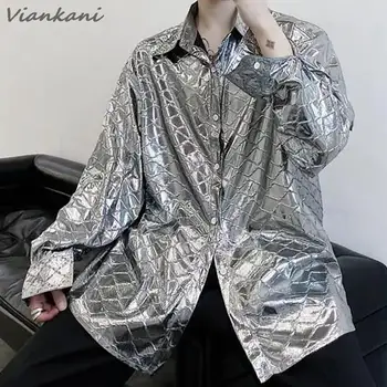 2023 Нова Мъжка блуза в вълнообразни райета от Корейски лъскава материал, Ежедневни ризи с дълъг ръкав, мъжка мода, градинска дрехи, Свободни ризи в стил хип-хоп