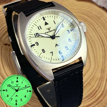 Нов NH35 Купол Сапфирен кристал Tandorio 36 мм Механични часовници за мъже Пилот Ръчни часовници с напълно зелен светящимся циферблат Луксозни часовници
