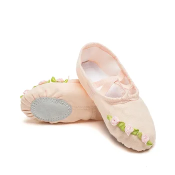 Балетные маратонки, детски балетные обувки, дамски танцови обувки с цветя, Китайски народен танц, детски балет, Розово кайсия