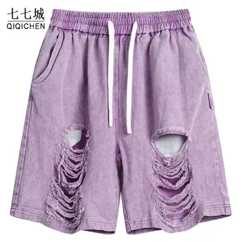 Дънкови къси панталони в стил хип-хоп, мъжки и дамски памучни издържат скъсани свободни ежедневни панталони с еластичен ластик на талията, панталони с дължина до коляното, летни