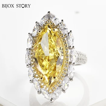 Винтажное пръстен от сребро 925 проба за жени е ярко жълт цвят, 4x8 мм, във формата на конски очи, творческа пръстен с диамант на пръста си