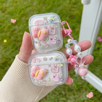 Корейски сладко чанта за слушалки с вълнообразен кант под формата на 3D зайче и мече за AirPods 1 2 3 с отложено във формата на цветни мъниста, мек калъф за AirPods Pro 2