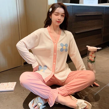 Пролетно пижама в нов стил, женски жаккардовый вязаный памук жилетка с V-образно деколте, корейски сладък всекидневен костюм с дълги ръкави, домашно облекло