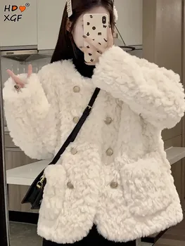 Елегантни изолирана яке от овча вълна за жени, Корейската мода, палто от изкуствена кожа с кръгло деколте и двубортной катарама, зимни универсални капаци