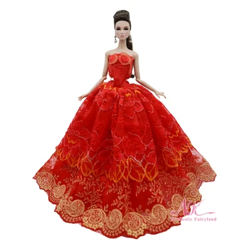 NK 1 бр Благородна 1/6 Принцеса Червено дантелено сватбена рокля със средна дължина, Модни празнична облекло за кукли Барби Аксесоари Подарък играчка за момичета