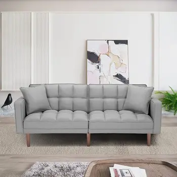 Модерен диван-futon Tuft, foldout разтегателен диван, foldout диван-легло Twin Size с подлакътници и 2 възглавници, светло сиво