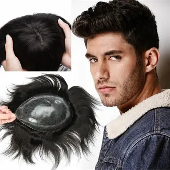 Мъжка перука на фината кожна основа, мъжки протеза за коса, 100% Подмяна на човешки косъм, Дишащи Перуки от естествена коса, Биологичен Перука за кожата на главата