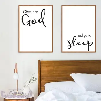 Плакат с цитати от Библейски текстове, Писания, Дай го на Бога и легнете да спите, живопис върху платно, черно-бели стенни рисунки, Кристиан декор