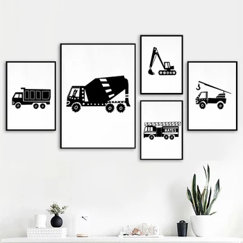 Черно-бял камион, плакати с пожарната машина и щампи, рисунки върху платно, висящи на стената в хола, Художествена живопис, декорация на дома