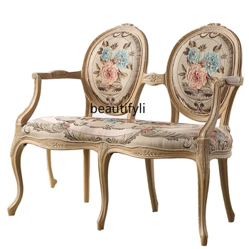 Френски плат двойна стол в ретро стил от червено дърво, старинен двойна стол