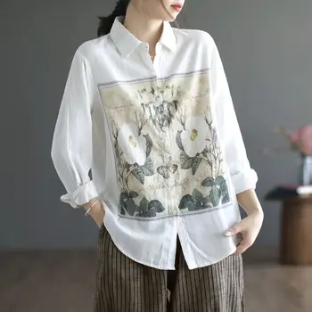 Лято-есен 2024, дамски ленени ризи в китайския стил, блузи с висока яка, блуза с дълги ръкави, обикновена реколта риза на цветчета