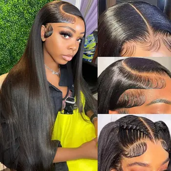 Бесклеевые перуки от естествена коса на дантели 13x4 HD, предварително выщипанные, прави перуки, изработени от човешка коса на дантели 150 плътност за черни жени