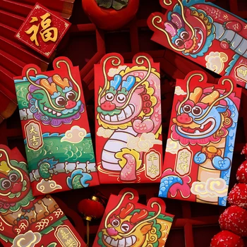 6ШТ Китайски Коледен Червен Плик 2024 Дракон Щастлив Паричен Джоб Плик Зодиакални Dragon Red Pocket Коледни Аксесоари Hongbao
