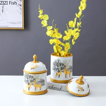 Керамични резервоар за съхранение с капак Ваза за цветя с образа на златен елен Модерна декорация за дома, Аксесоари за съхранение