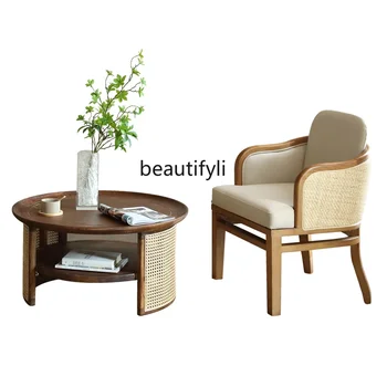 Комбинация на масата за преговори в офиса на продажбите, домашен стол за почивка от ратан, диван-стол от масивно дърво в хола