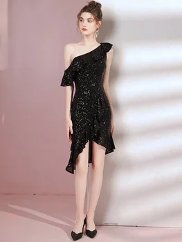 Черна вечерна рокля 2023 Нов банкетна стил Знаменитост, рокля с риба опашка с едно рамо, Женски пролетен фестивал
