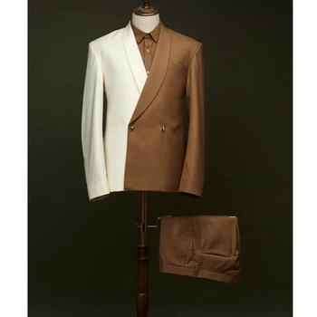 Кафяво-бели мъжки костюми за сватбени партита, Бизнес всекидневен костюм с ревера 2 броя (сако + панталон Монтиране костюм Homme