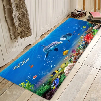 Синята Делфин Океански свят Килим с пъстри шарени Риби Нескользящие Абсорбиращи Супер Удобни Меки Фланелен постелки за пода