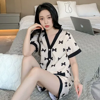 По-големи размери 4XL, Лятна Дамска пижама с къси ръкави, пижами, изработени от млечен коприна, Сладко Корейски жилетка, Домашно облекло, комплекти от две части, домашно облекло