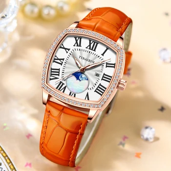 Дамски часовник с оранжева кожена каишка и кварцов механизъм, TIANBIN, непромокаеми за женските часа