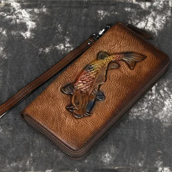 Висококачествен и дълъг портфейл от естествена кожа на китката на жената документ за самоличност / кредитни карти, удобна чанта в национален стил, женски клатч от естествена кожа, в чантата