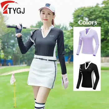 TTYGJ Golf Дамски Блузи С дълъг Ръкав И V-образно деколте, Тънки Спортни Тениски, Дамски Ластични Модерен Ризи С волани, нови дрехи За голф