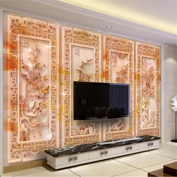 фотообои wellyu на поръчка 3D нефритовая резбовани лилия бамбук хризантема фона на мека мебел за дневна papel de parede 3D тапети