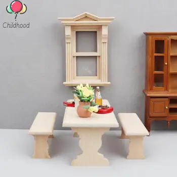 1бр/комплект 1/12 Куклена къща Дървена маса Пейка маса за Хранене и Стол Набор от Мини-модел на направи си САМ мебели Куклена къща Декор на сцената на живота
