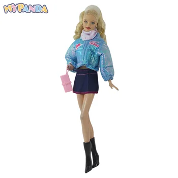 1 комплект за преобличане на кукли, зимни син памучен яке, дънки къса пола, шал, чанта за обувки, набор за 30-инчов играчки за забавление