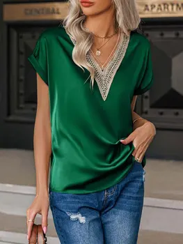 2023 Лятна Сатен Блуза Дамски Лейси блуза с V-образно деколте Дамски модни блуза с къс ръкав за жени