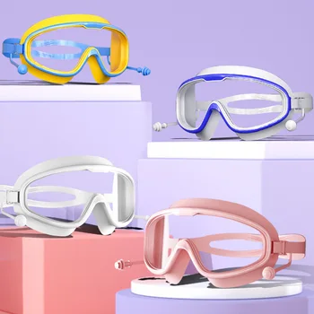 Детски плувни очила, водоустойчиви фарове за очила с затычкой за уши за момчета и момичета, Меко шелкон, по-Голяма рамка, Регулируема плътност