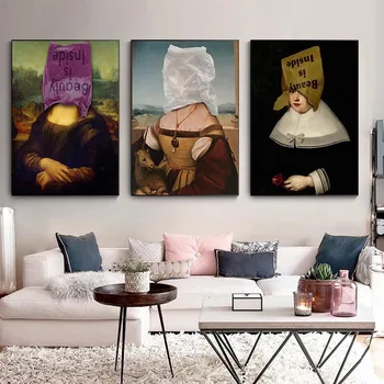 Скандинавска забавна картина върху платно с изображение на Мона Лиза, модерни постери и щампи, рисунки по стените, картини за дома хол, Куадрос