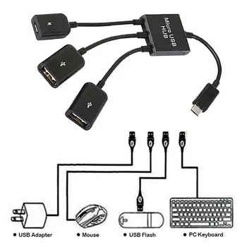 Най-новият 3 в 1 HUB Micro USB Type C за мъже и жени, двоен кабел-адаптер за USB 2.0 Host OTG за смартфон, компютър, таблет, 3 порта