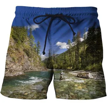 Шорти с шарките на природни пейзажи, мъжки бански с 3D принтом, ежедневни летни плажни шорти, бански, мъжки спортни къси панталони, панталони