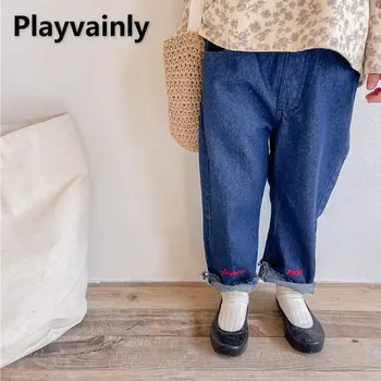 Нови есенни дънкови панталони за малки момичета с бродерия букви, Дънки с еластична лента, Модни Свободни Ежедневни панталони, Бебешки дрехи E21569