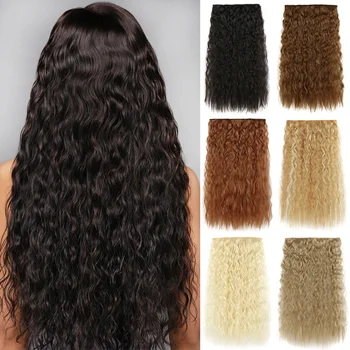 Синтетични наращенные коса с 5 скоби, дълги вълнообразни прическа, перука, черно-кафява с руса, 55 см, натурални режийни коса за жени